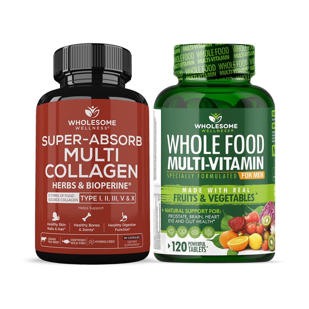 Wholesome Wellness Super-Absorb Multi Collagen Pills (Type I II III V X) Organic Herbs and Bioperine + Whole Food Multivitamin for Men - Natural Multi Vitamins, Minerals, Organic Extracts Bundle