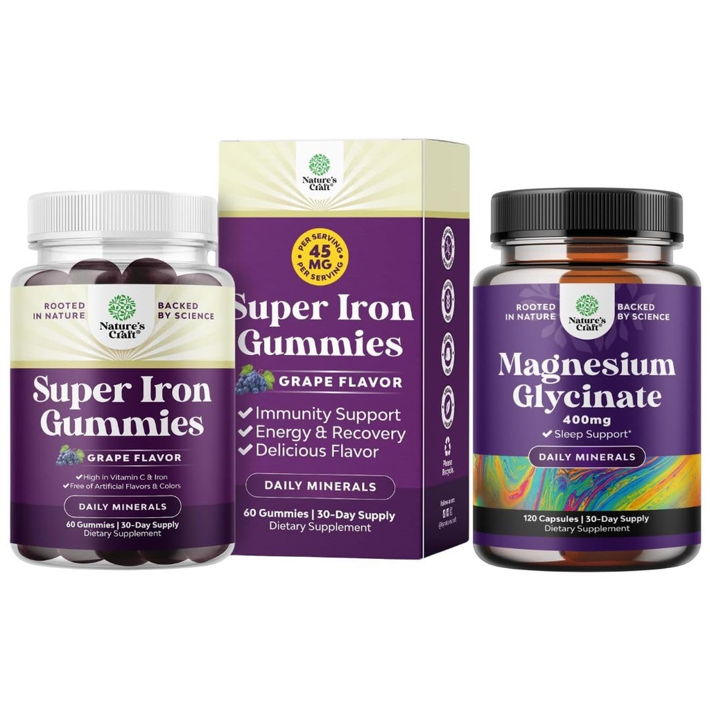 Bundle of Delicious Iron Gummies for Women and Men - Iron Supplement for Women and Men with Vitamin C for Higher Absorption and Pure Magnesium Glycinate 400mg Per Serving for Mood Sleep and Relaxation