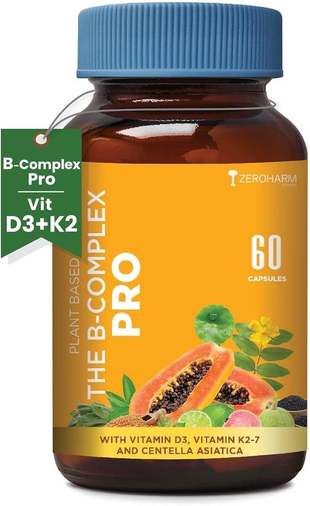 Vitamin B Complex with Vitamin D3, Vitamin K2 & Centella Asiatica with B1, B2, B3, B5, B6, B9 & Vitamin B12 |Improves Hair, Skin & Nails | Improves Heart Health & Regulates Calcium | 60 Caps