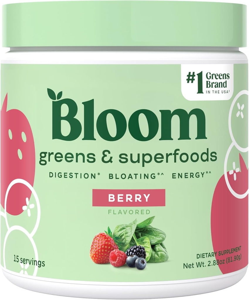 Bloom Nutrition Superfood Greens Powder, Digestive Enzymes w/Probiotics & Prebiotics, Gut Health, Bloating Relief for Women, Chlorella, 15 SVG (15 Servings (Pack of 1), Berry)