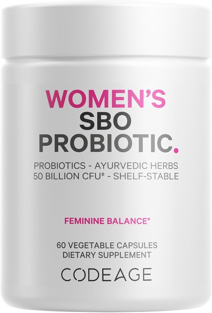 Codeage Women’s Probiotics Supplement - 50 Billion CFUs - SBO Probiotics & Prebiotics - Cranberries - Feminine Health - Fermented Botanical Blend, Whole Food Supplement - Vegan, Non-GMO - 60 Capsules