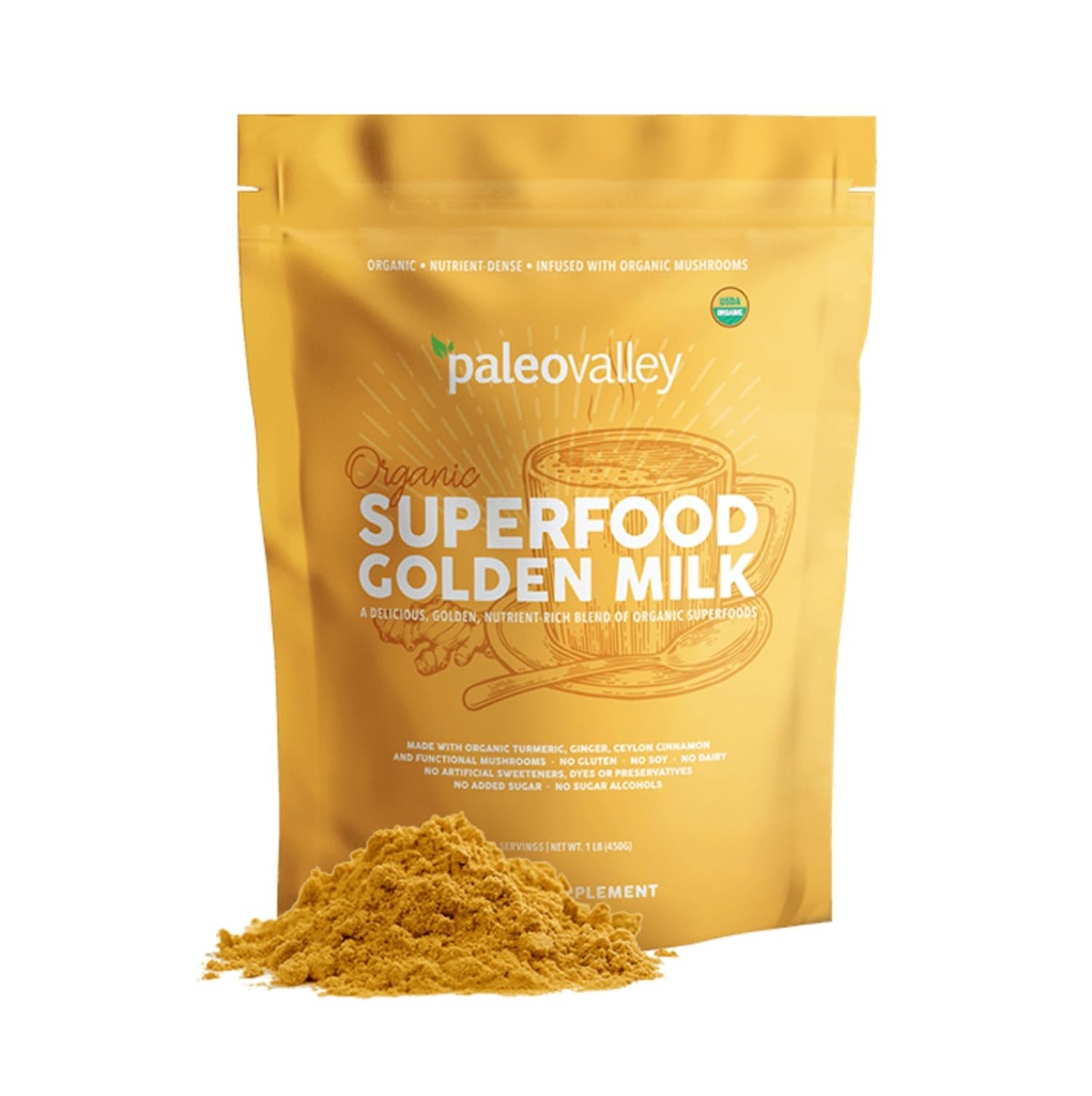 Paleovalley Organic Superfood Golden Milk - Immune, Focus, Cognitive, Longevity - Turmeric, MCT-Rich Coconut Milk, Functional Mushrooms, 30 Servings