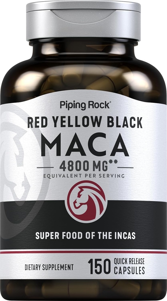Piping Rock Maca Root Capsules | 4800mg | 150 Powder Pills | for Women and Men | Red, Yellow, and Black | Non-GMO, Gluten Free Supplement