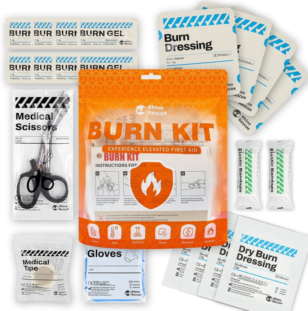 RHINO RESCUE Burn Kit, 4pcs Burn Dressings 4x4”, 8pcs Burn Gel Packets 3.5g, 4pcs Burn Pads, First Aid Kit Cooling Soothing Cream Relief with Bandage, Nitrile Gloves, Scissors, Tape, HSA/FSA Eligible