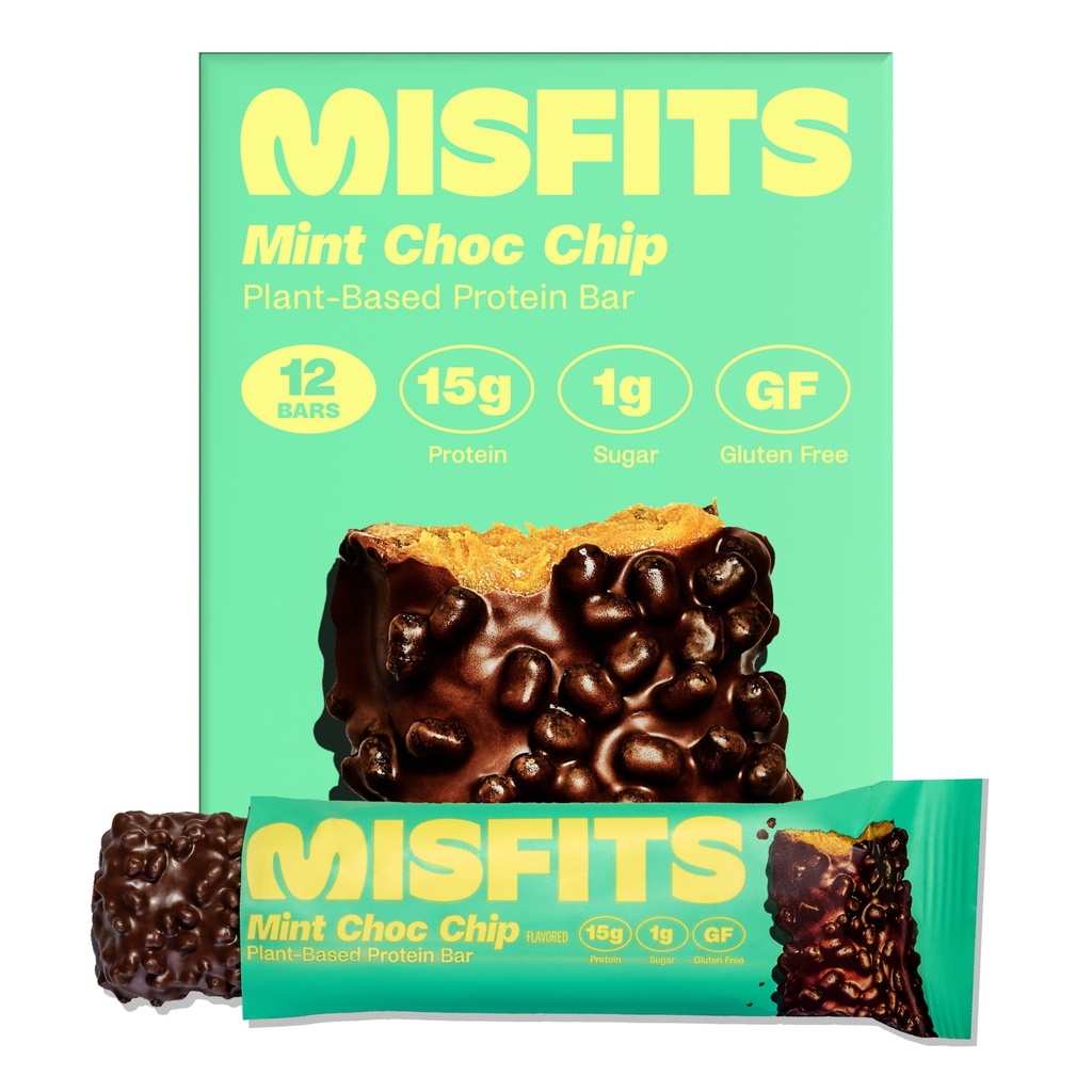 Misfits Vegan Protein Bars - Mint Chocolate Chip | Nutrition Bars - 15g Protein, 1g Sugar, Plant-based, Low Carb, Non-GMO, Gluten Free Snacks | Pack of 12