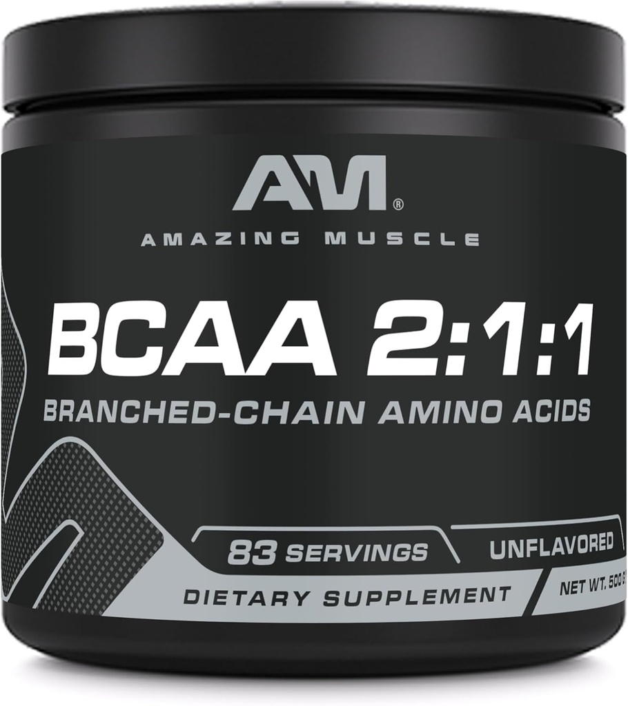 Amazing Muscle BCAA Amino Supplement | 2:1:1 Branched Chain Amino Acid Ratio | Unflavored | Net Weight 500 Grams (1.1 Lb) | Non-GMO | Gluten-Free | Made in USA