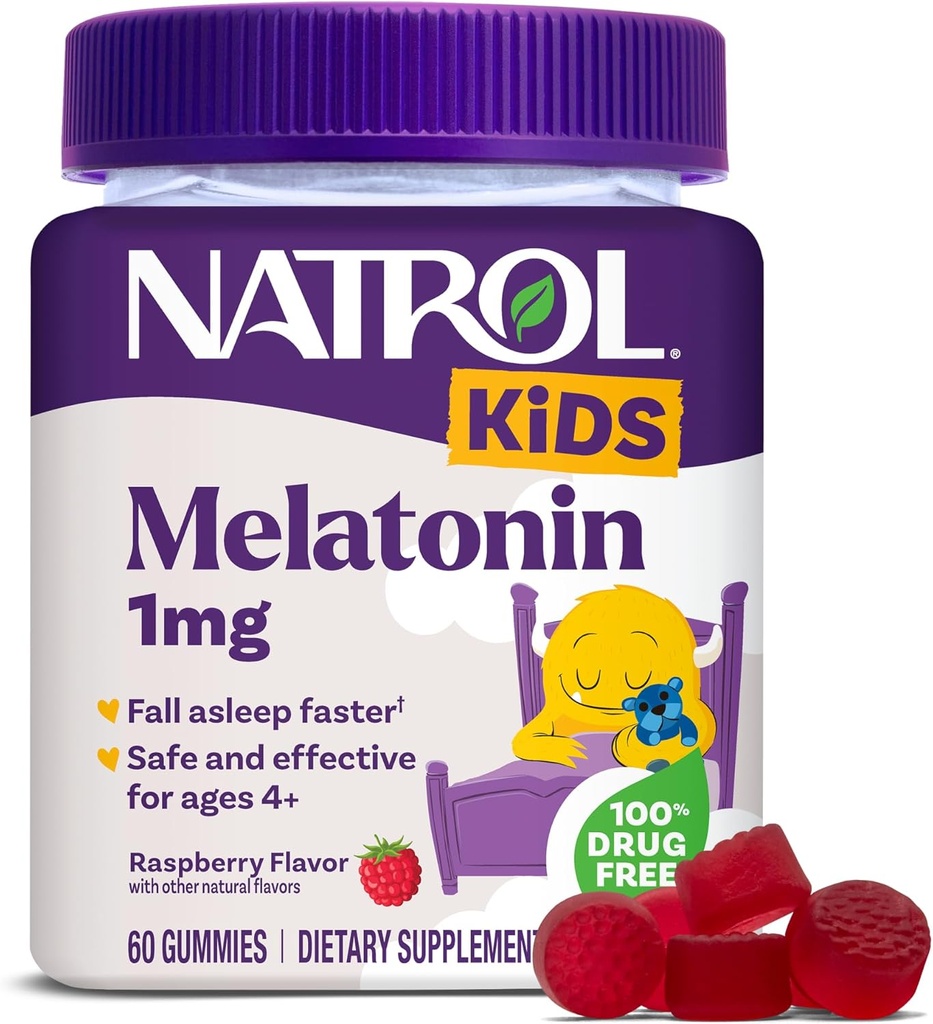 Natrol Kids Melatonin Gummies 1mg, Children's Melatonin for Restful Sleep, 60 Raspberry-Flavored Sleep Gummies, 60 Day Supply