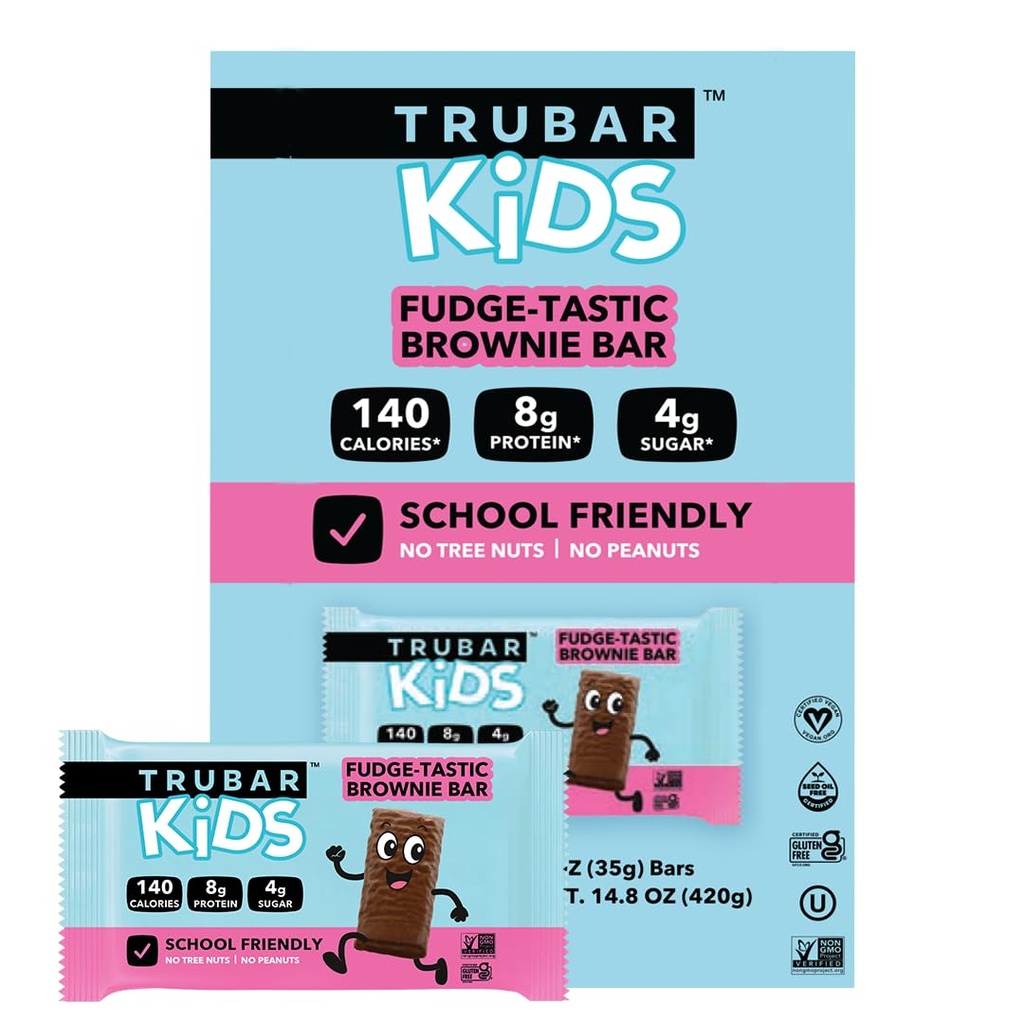 TRUBAR Kids Protein Bars, Fudge-Tastic Brownie, Plant Based Protein, Gluten Free School-Friendly Snacks for Lunchboxes, Tree Nut and Peanut Free, Low Sugar, Healthy On the Go Snack Bars, 12 Count