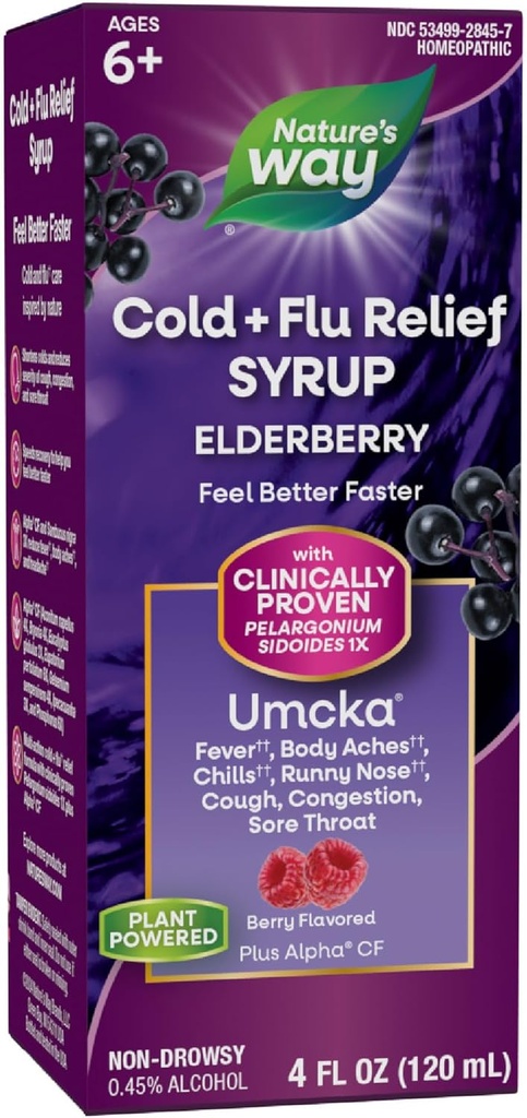 Nature's Way Cold + Flu Relief Syrup*, Umcka, Sore Throat, Cough, Congestion, Fever*, Body Aches*, Phenylephrine Free, Homeopathic, Non-Drowsy, Berry Flavored, 4 Fl Oz (Packaging May Vary)