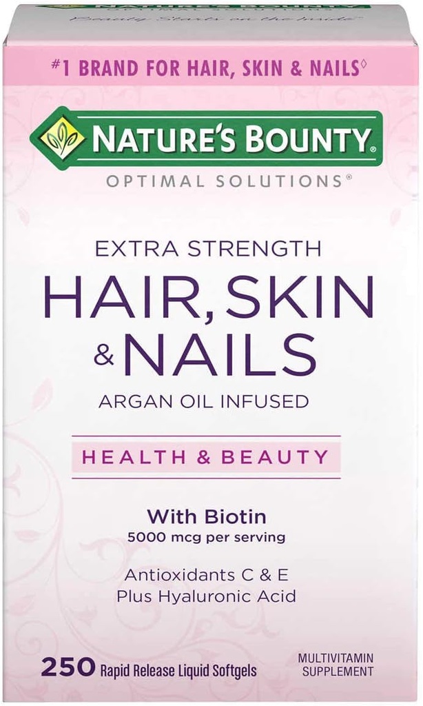 Nature's Bounty Hair Skin and Nails 5000 mcg of Biotin - 250 Coated Tablets Regular & Extra Strength (Extra Strength, Two Bottles each of 250 Softgels)