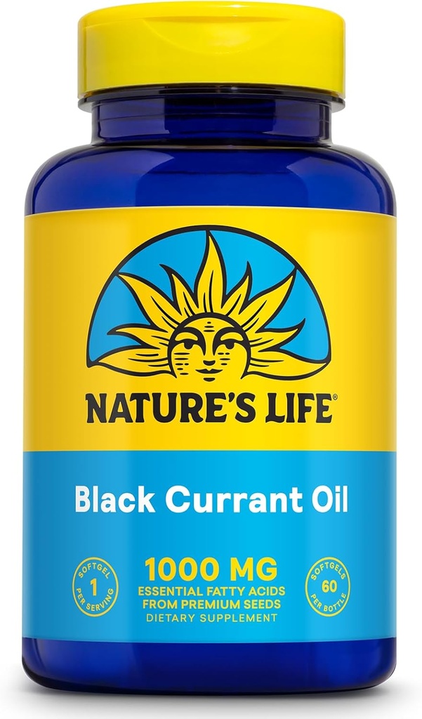 NATURE'S LIFE Black Currant Seed Oil 1000mg - Black Currant Oil, Natural Source of Omega 6 Gamma Linolenic Acid (GLA) and Omega 3 Alpha-Linolenic Acid (ALA), 60-Day Guarantee, 60 Servings, 60 Softgels
