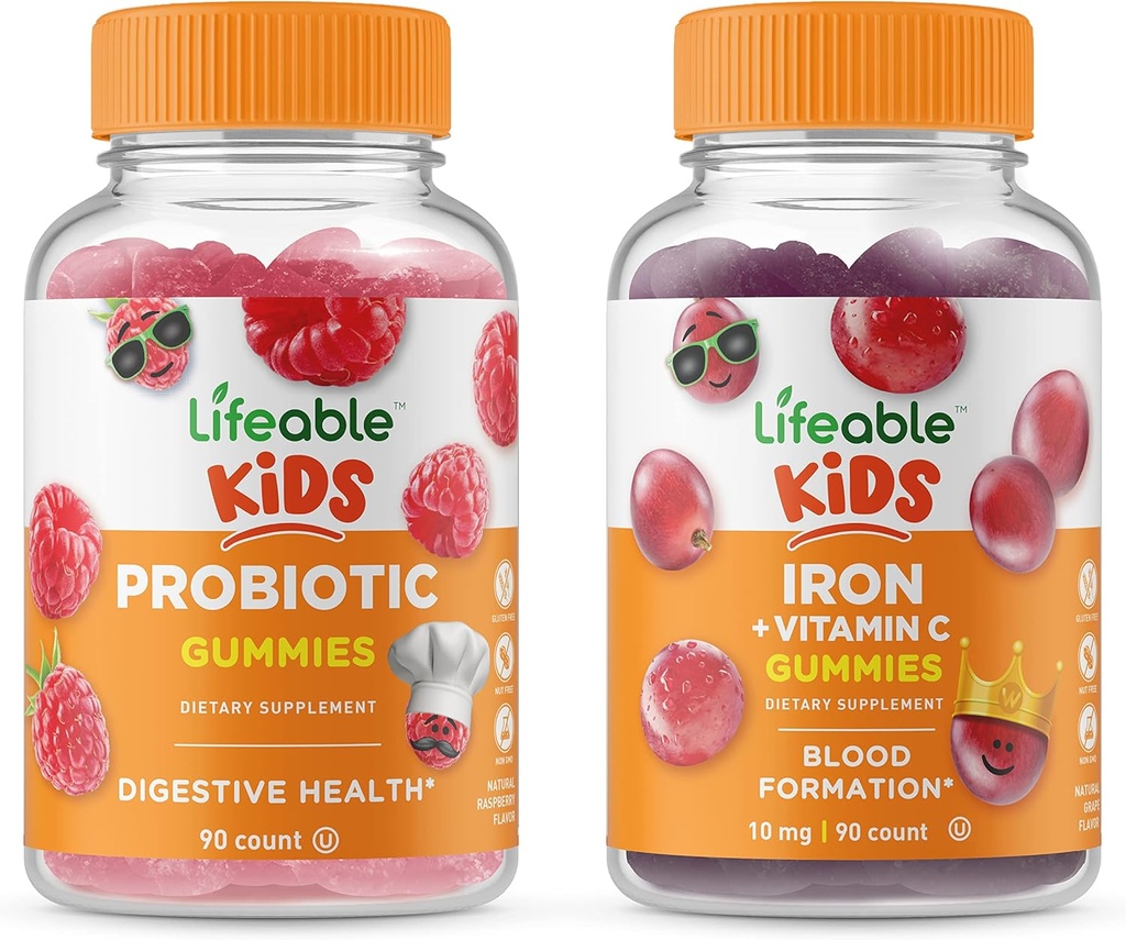 Lifeable Probiotic 2 Billion CFU Kids + Iron & Vitamin C Kids, Gummies Bundle - Great Tasting, Vitamin Supplement, Gluten Free, GMO Free, Chewable Gummy
