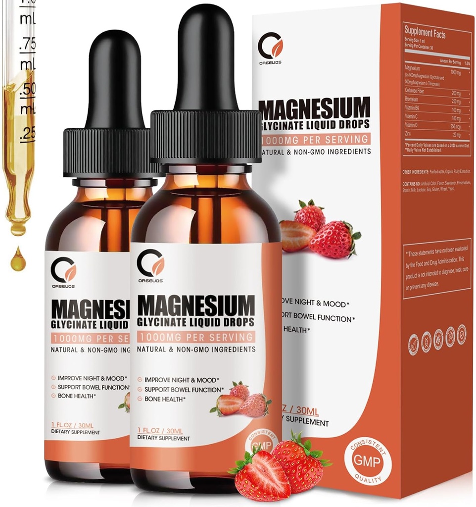 Magnesium Glycinate Liquid Drops,1000 mg Liquid Magnesium Supplement with Bromelain, Vitamin B6 C D, High Absorption Magnesium Complex for Night, Muscle & Energy Support, 1 Fl Oz (Pack of 2)