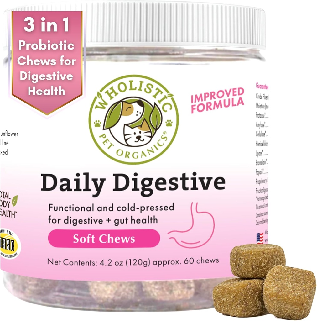 Wholistic Pet Organics: Probiotic Chews for Dogs Digestive Health - 60 Count - Dog Probiotics and Digestive Enzymes - Support Gut Health Immune Supplement Prevents Dog Digestive Problems