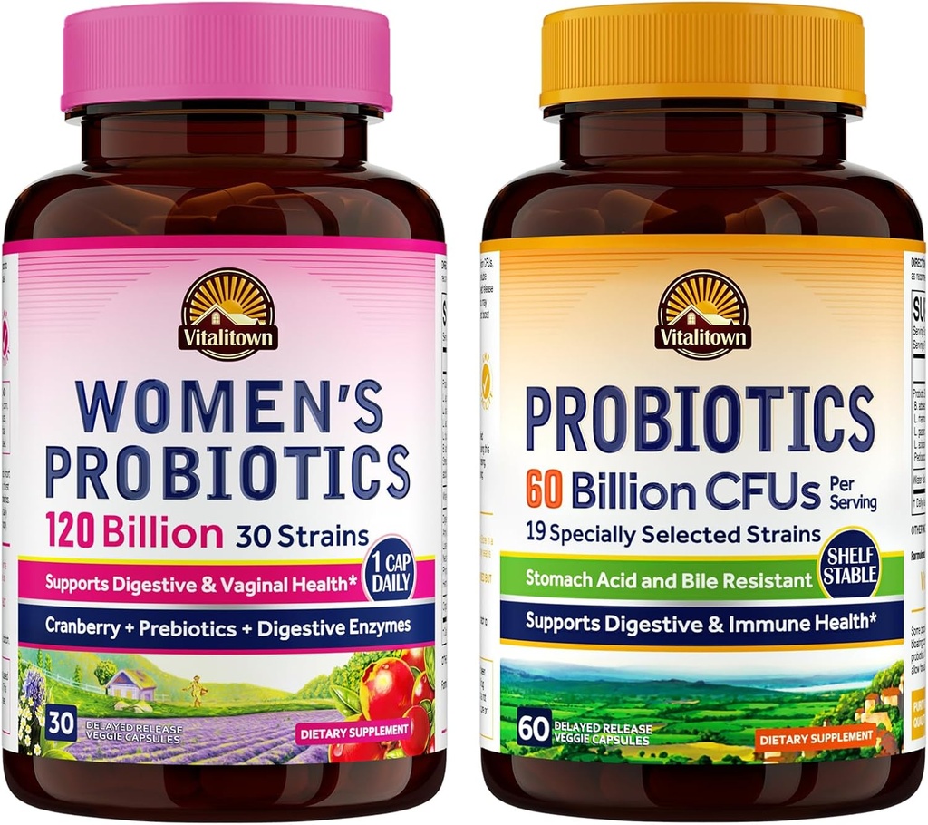 Vitalitown Probiotic Bundle (Pack of 2) | Women’s Probiotics 120 Billion (Item 1) & Probiotics 60 Billion (Item 2) | Shelf Stable | Digestive & Women’s Health | 30 Servings Each
