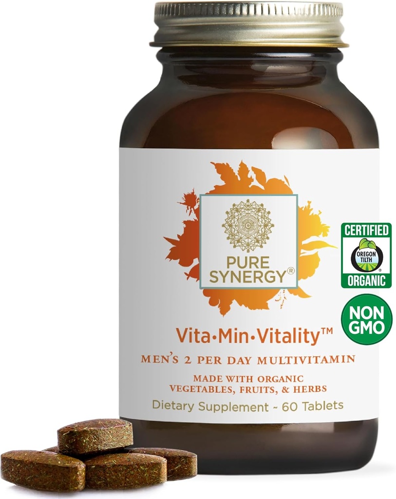PURE SYNERGY Vita·Min·Vitality | Natural Multivitamin for Men | Men’s Daily Multivitamin Made with Organic Whole Foods | for Energy, Stress, and Immune Support (60 Tablets)