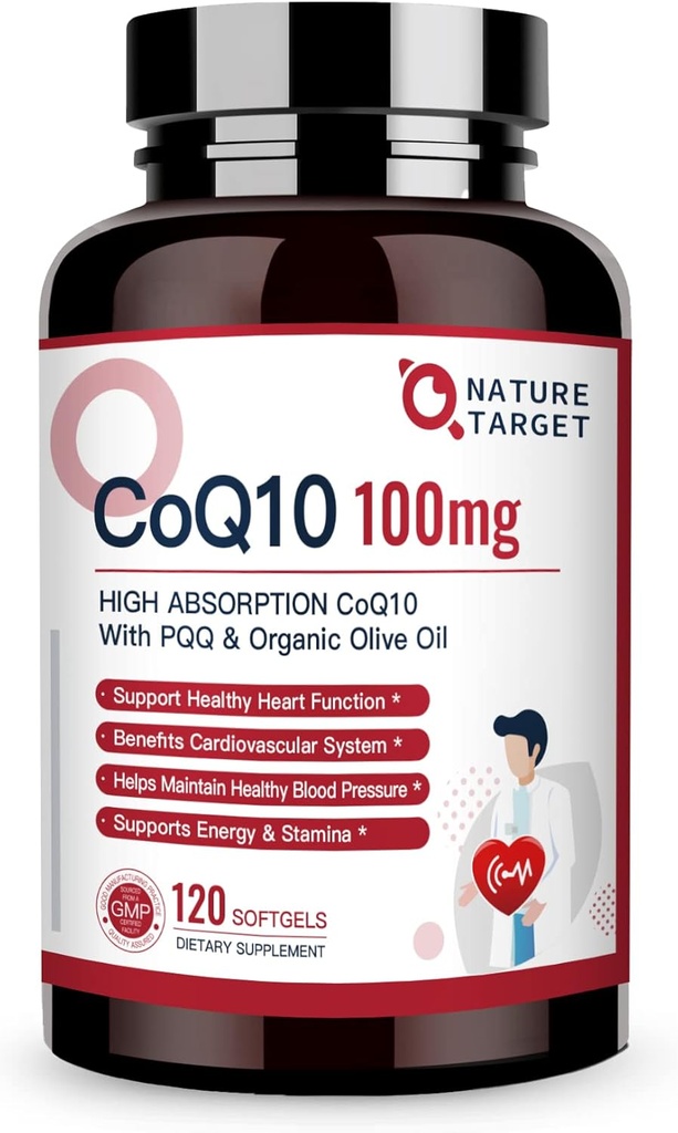 NATURE TARGET CoQ10-100mg-Softgels with 10mg PQQ - High Absorption Coenzyme-Q10 with Organic-Olive-Oil - Antioxidant for Heart & Brain Health, Cellular-Energy-Production, 120 Servings