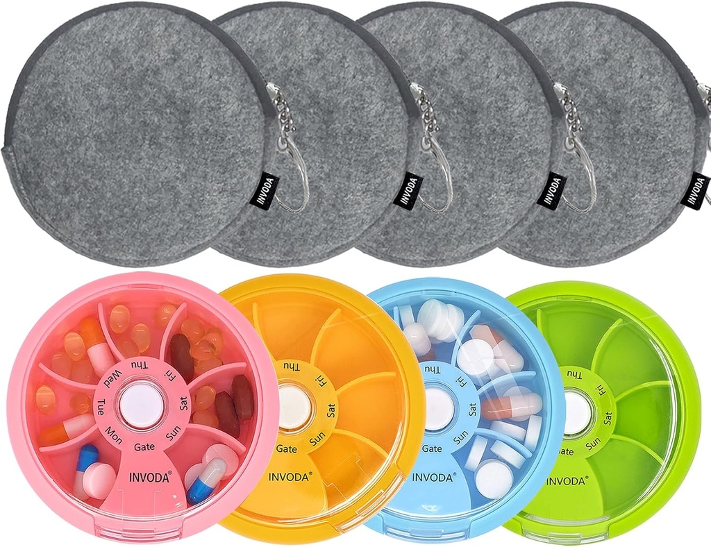 INVODA Weekly Pill Organizer 7 Compartment Rotating Pill Box for Daily Medication & Vitamins - Portable Travel Pill Case Fish Oil Supplements Vitamins Organizer (4 Pill Box+ 4 Bag)