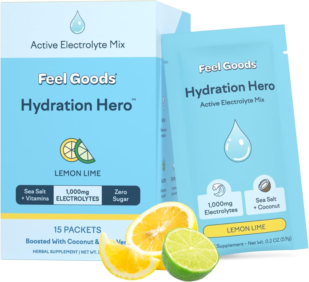 Feel Goods Hydration Hero, 1,000mg Electrolytes Powder, Sugar Free, Magnesium, Organic Aloe Vera, L Theanine, Vitamin C & B12, Non GMO, Keto, Vegan, Electrolyte Packets | Lemon Lime, 15 Count