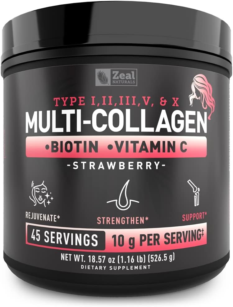 Premium Multi Collagen Peptides Protein Powder (1, 2, 3, 5 & 10) with Vitamin C, Biotin, Hyaluronic Acid, for Hair Skin and Nails - Marine, Bovine, Chicken & Eggshell (Strawberry, 45 Servings)