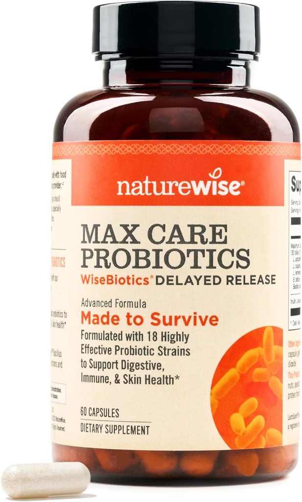 NatureWise Max Probiotics for Women & Men - 30 Billion CFU 18 Strains With Prebiotics - For Gut & Digestive Health - Delayed-Release Capsules, Gluten Free - 60 Capsules[2-Month Supply]