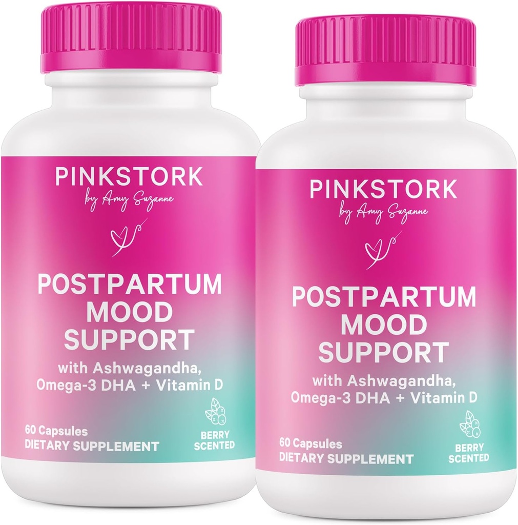 Pink Stork Postpartum Mood Support - Postnatal Hormone Balance for Moms - Breastfeeding Friendly - Stress & Cognitive Support, Postpartum Essentials - Ashwagandha, Chamomile, & Vitamin D, 120 Capsules