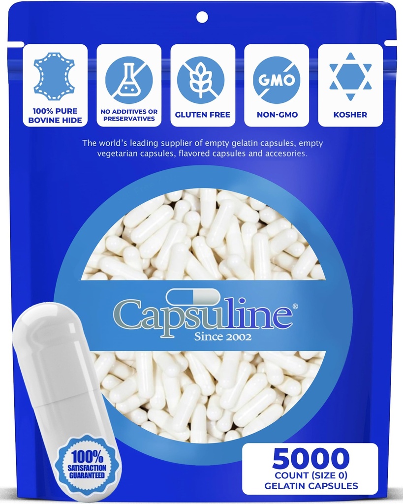 Capsuline Colored Size 0 Empty Gelatin Capsules White/White 5000 Count |Manufactured in North & South America|Kosher & Halal Certified |Gluten Free