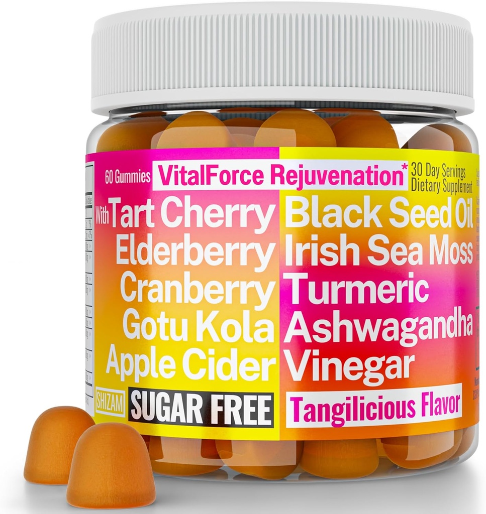 Gotu Kola Black Seed Oil Apple Cider Vinegar Irish Seamoss Cranberry Ashwagandha Tart Cherry Turmeric Curcumin Elderberry Gummies