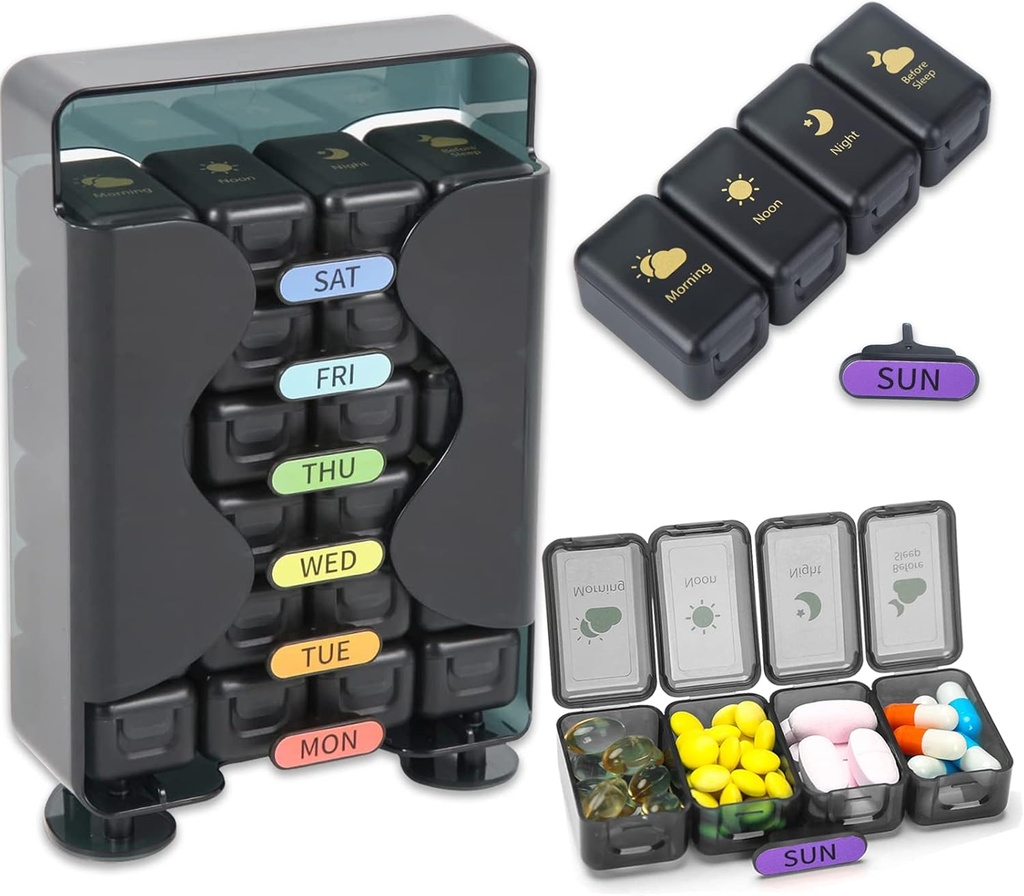 Weekly Pill Organizer 7 Day 4 Times a Day， Large Pill Box Organizer with Drawer Designed， Daily Pill Organizer to Hold Medicine, Medication, Vitamins and Fish Oils (Black)