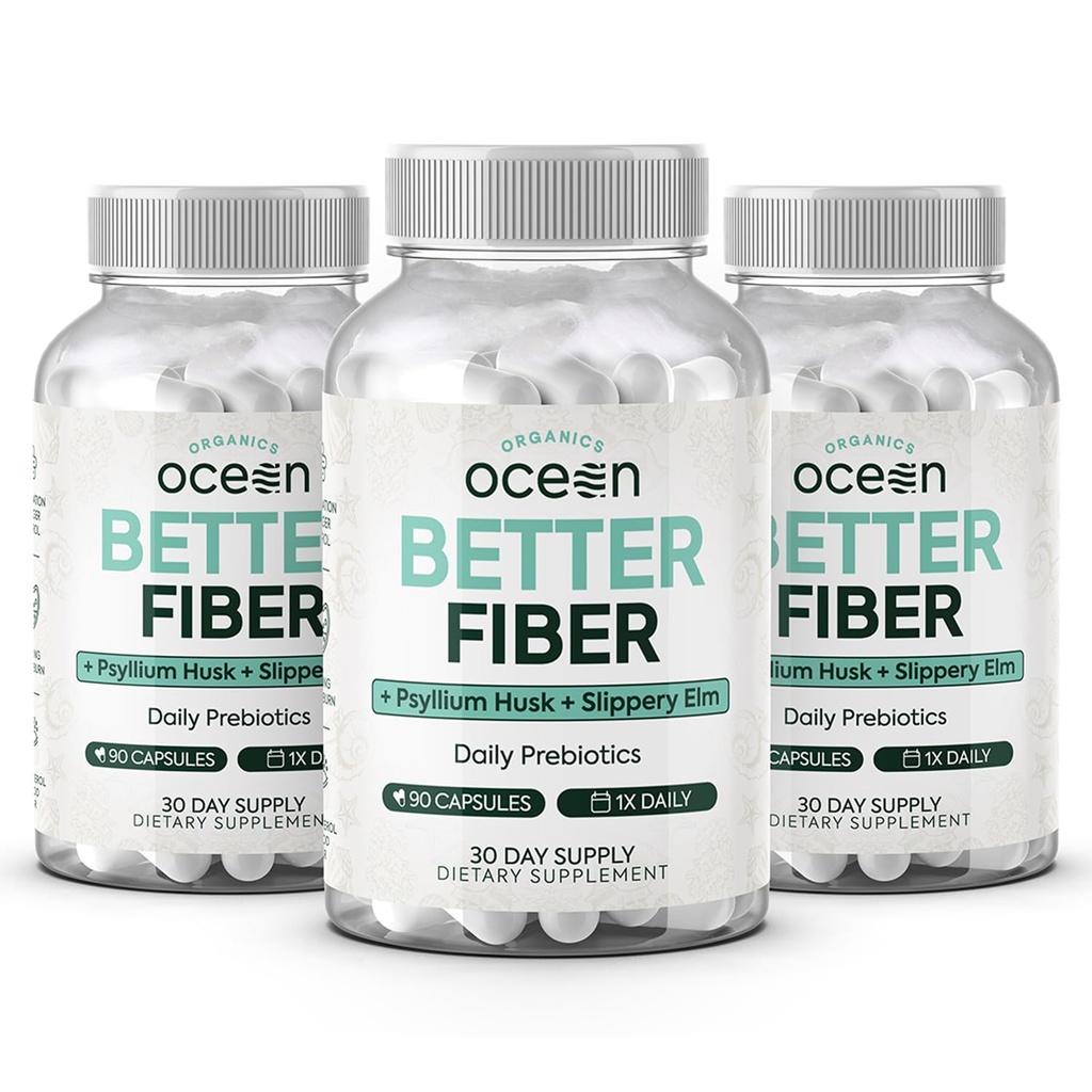 Organics Ocean Better Fiber - Daily Fiber Supplement - Soften Stool for Effortless Bowel Movements - with Psyllium Hulk and Slippery Elm - 3 Bottles