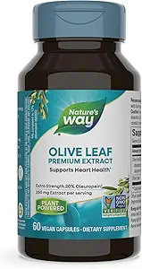 Nature's Way Olive Leaf, Premium Extract, Supports Heart Health*, 20% Oleuropein, 250 mg per serving, Non-GMO Project Verified, 60 Vegan Capsules (Packaging May Vary)