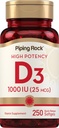 Piping Rock Vitamin D3 1000IU | High Potency (25 mcg) | 250 Softgels | Non-GMO, Gluten Free Supplement