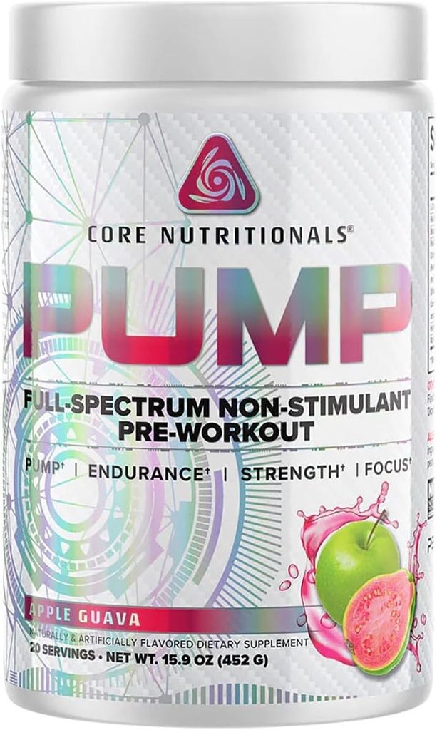 Core Nutritionals Pump Full-Spectrum Non-Stimulant Pre-Workout, with N03T Nitrate, Peak02, Alpha GPC, for Maximum Pump, Strength, and Performance 20 Servings (Apple Guava)