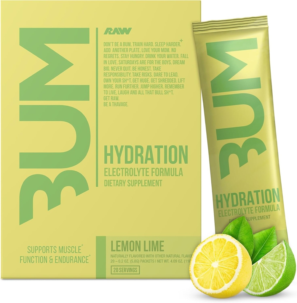 RAW Electrolytes Powder Hydration Drink Mix Packets, Bum Hydrate (Lemon Lime, 20 Servings) - Electrolyte Hydration Packets Supports Muscle Function & Endurance - Keto Free Electrolytes Powder Packets