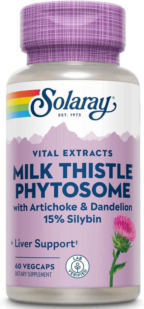SOLARAY Milk Thistle Phytosome with Artichoke, Dandelion, and Ginger - Milk Thistle Extract Supplying 15% Silybin - Liver Supplement - 60-Day Guarantee, Lab Verified - 60 Servings, 60 VegCaps