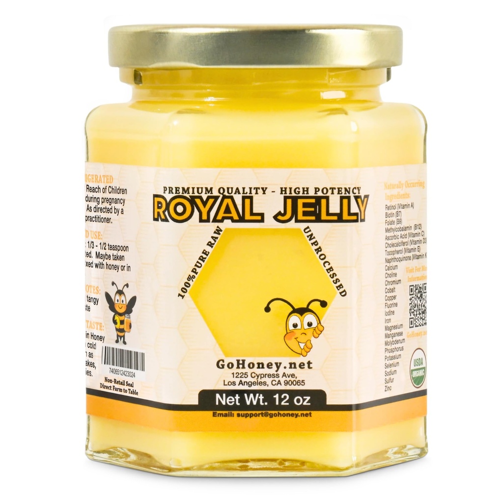 Royal Jelly Organic - 100% Pure & Raw Royal Jelly - 12 oz, Glass jar