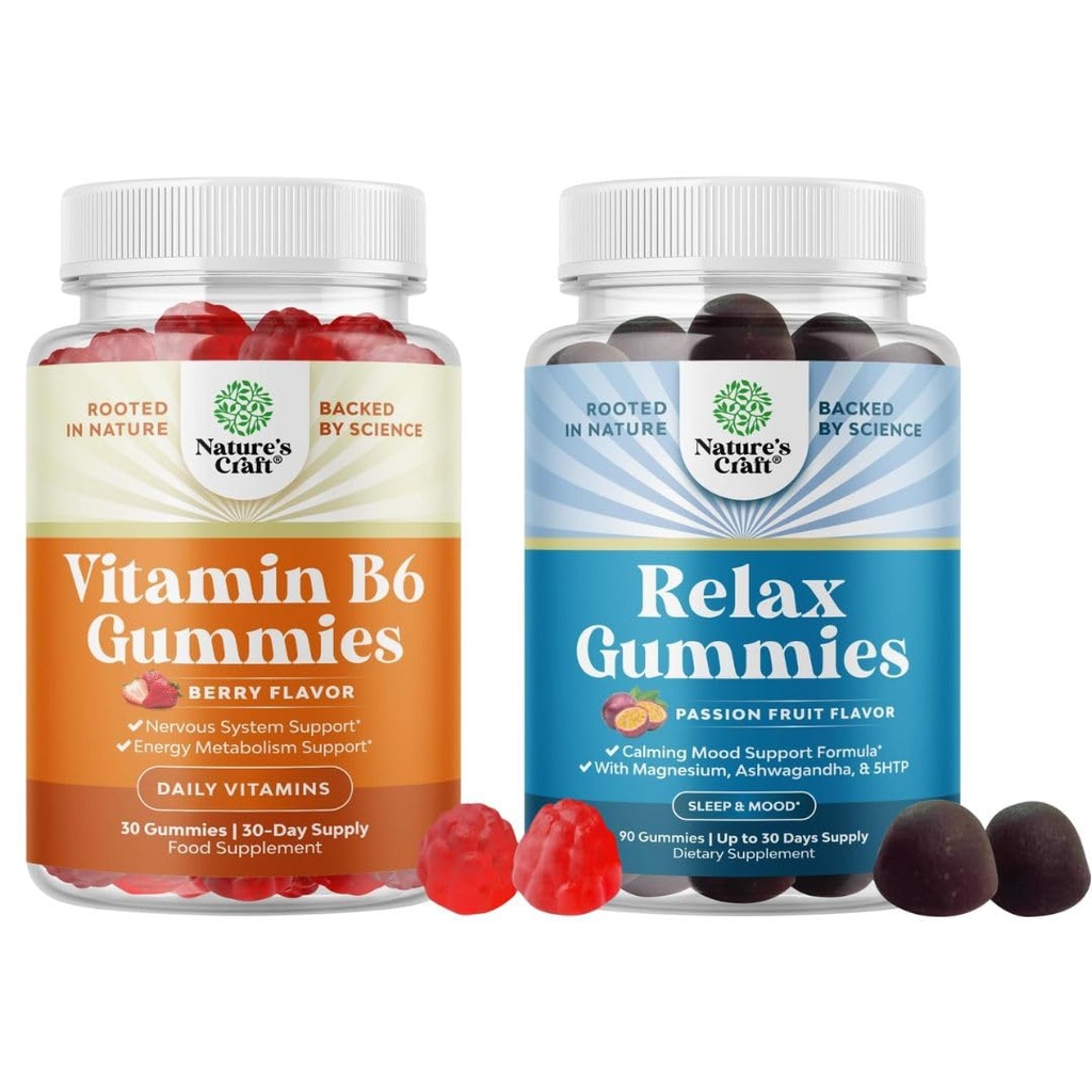Bundle of Potent Vitamin B6 Gummies for Adults - Vitamin B Complex Supplements for Nervous System and Pure Calm and Relaxing Magnesium Supplement - Magnesium for Stress Support & Rest Ease for Adults