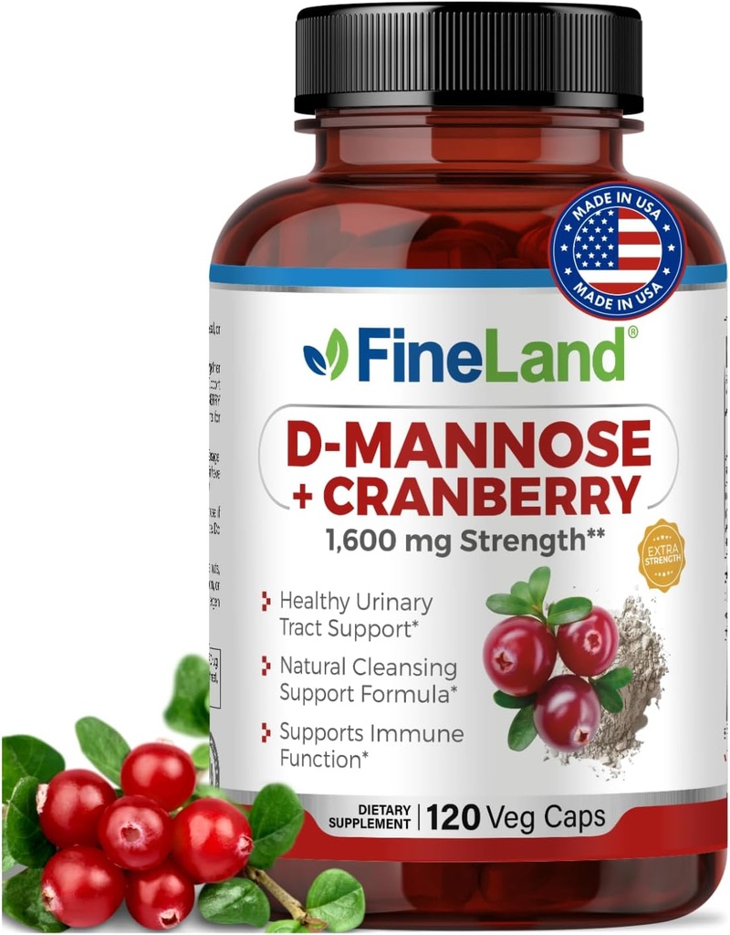 FineLand D-Mannose + Cranberry – 1600mg per Serving – 120 Vegan Capsules – Urinary Tract & Bladder Health Support – Non-GMO, Gluten-Free, Made in USA