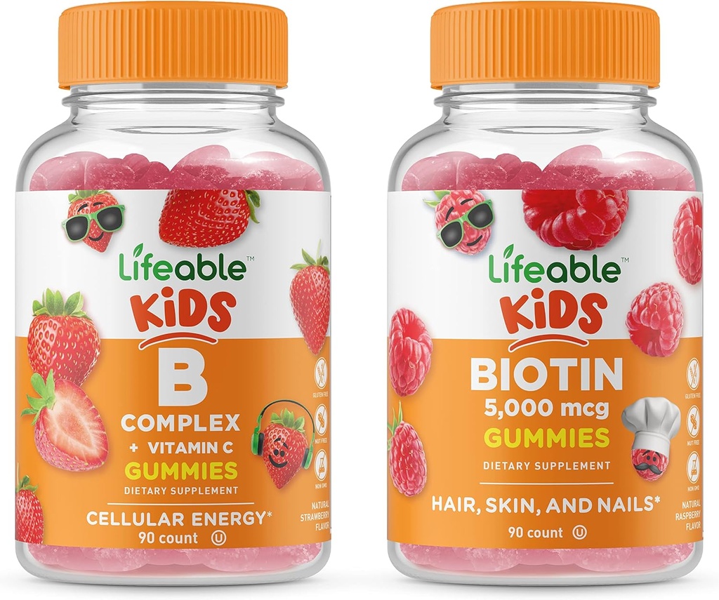 Lifeable B Complex Kids + Biotin Kids, Gummies Bundle - Great Tasting, Vitamin Supplement, Gluten Free, GMO Free, Chewable Gummy