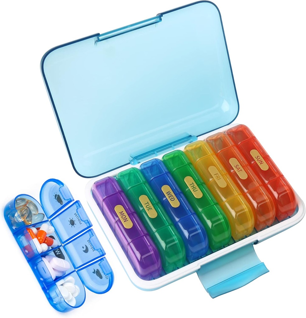 MURRI&MURRDI Pill Organizer 4 Times a Day, Daily Pill Box Large Weekly Medicine Case 7 Day Pill Dispenser Holder for Pills, Vitamins, Fish Oils, Medications, Supplements (28 Cells, Multicolored)