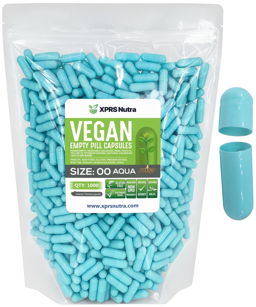 XPRS Nutra Size 00 Empty Capsules - 1000 Count Empty Vegan Capsules - Vegetarian Empty Pills - DIY Vegetable Capsule Filling- Veggie Pill Caps (Aqua)