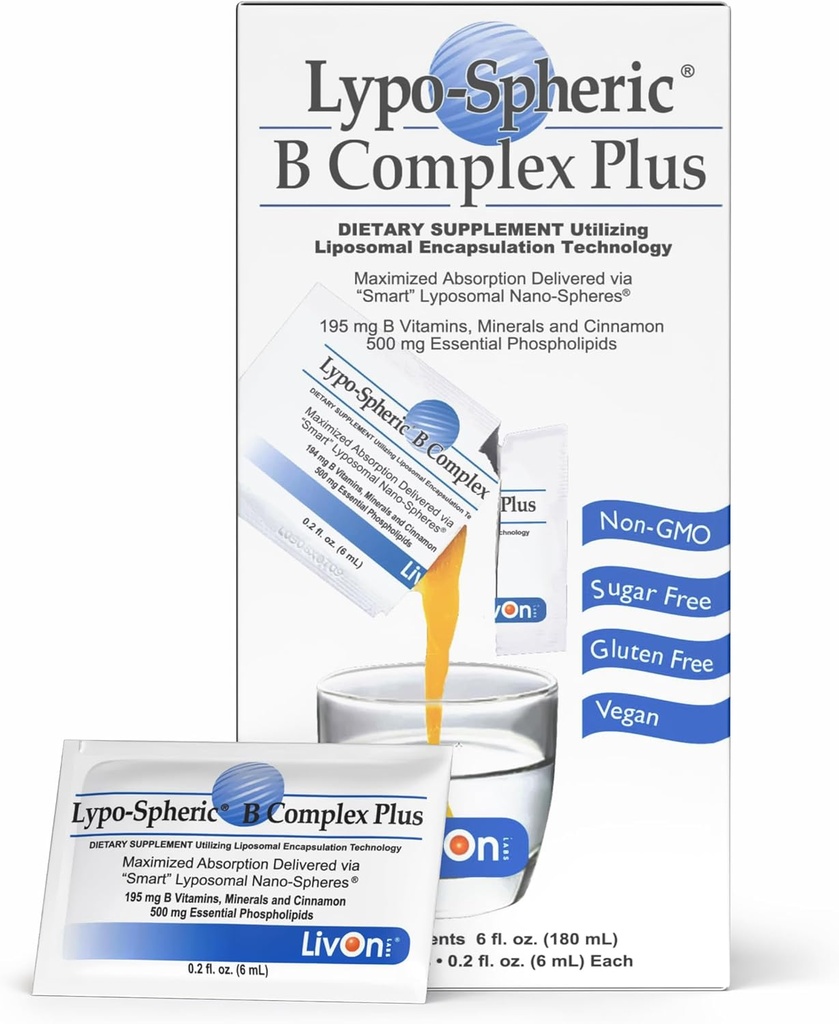LivOn Laboratories Lypo–Spheric B Complex Plus – 30 Packets – 195 mg B Vitamins, Minerals & Cinnamon Per Packet – Liposome Encapsulated for Improved Absorption – 100% Non–GMO