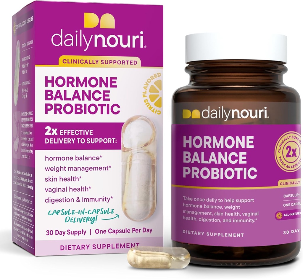 Daily Nouri Hormone Balance Probiotic for Women | Supports Healthy Estrogen, PMS, PCOS, Perimenopause, Vaginal pH, Yeast, Gut Health, Skin & Immunity | 7 Strains + Vegan Omega Oil | 30-Day Supply