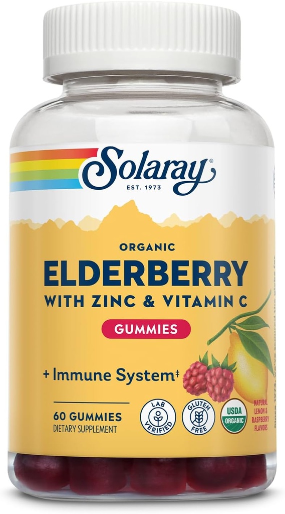 SOLARAY Organic Elderberry Gummies w/Zinc & Vitamin C | Healthy Immune System Support | Gluten Free | 30 Serv, 60 Ct