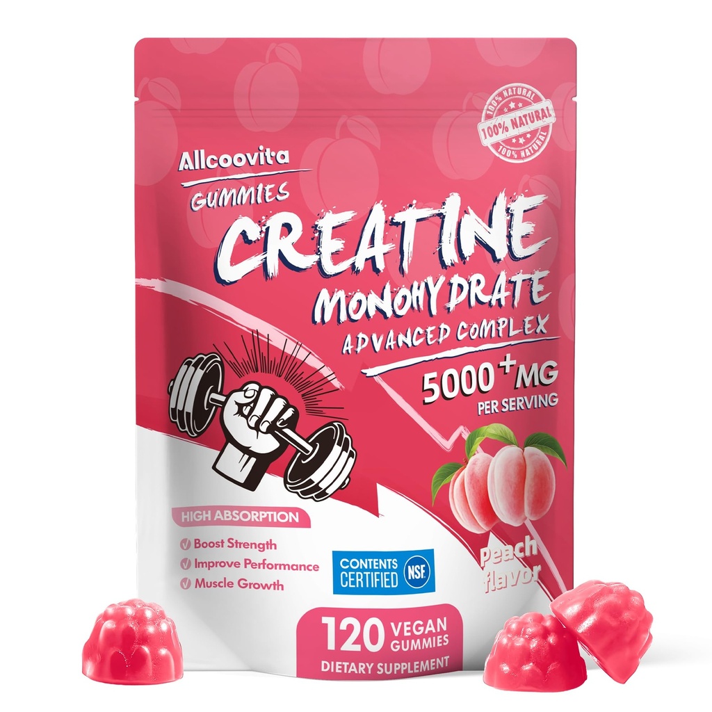 Allcoovita Creatine Monohydrate Gummies 5g for Men & Women. Boost Focus,Strength, and Endurance, Anti-Melting Formula, Vegan, Gluten-Free, Non-GMO,(Peach 120 ct)