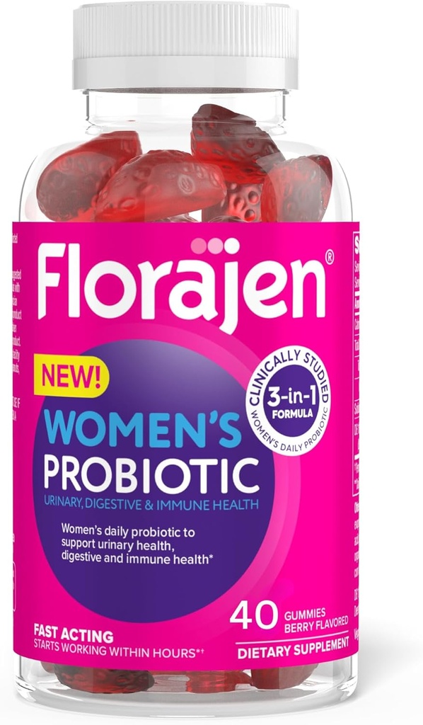 Florajen Women's Probiotic Gummies - Triple-Action Prebiotic + Probiotic + Cranberry for Digestive, Urinary, & Immune Support - Fast-Acting - Vegan & Gluten-Free - 40-Count
