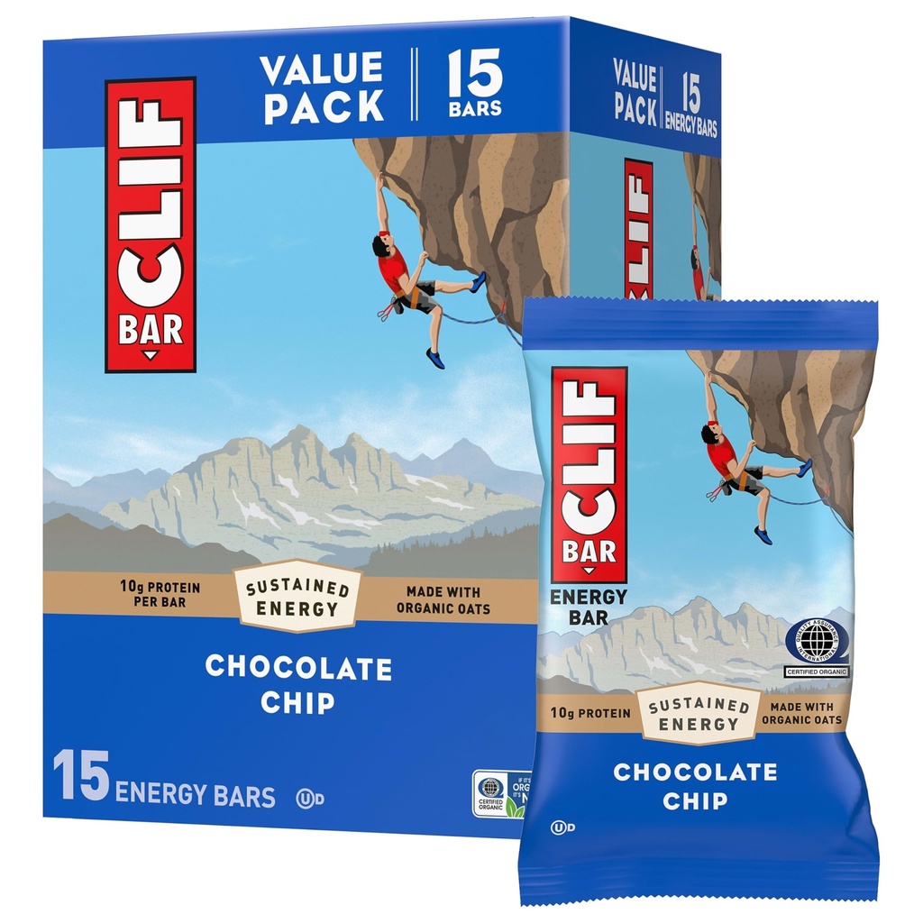 CLIF BAR - Energy Protein Bars - Chocolate Chip - Made with Organic Oats - Energy Bars - Non-GMO - (15 Pack)