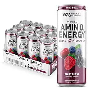 Optimum Nutrition Amino Energy Sparkling Hydration Drink, Electrolytes, Caffeine, Amino Acids, BCAAs, Sugar Free, Berry Burst, 12 Fl Oz, 12 Pack