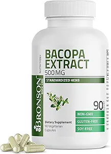 Bronson Bacopa Monnieri Extract 500 mg - Promotes Mental Clarity and Brain Function - Non GMO, 90 Vegetarian Capsules