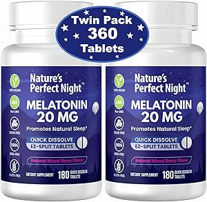 Nature's Perfect Night | Melatonin 20mg | 180 Quick Dissolve Tablets, 2-Pack | Natural Mixed Berry Flavor |High Potency | Sugar Free | Vegan | Gluten Free | 2 Count